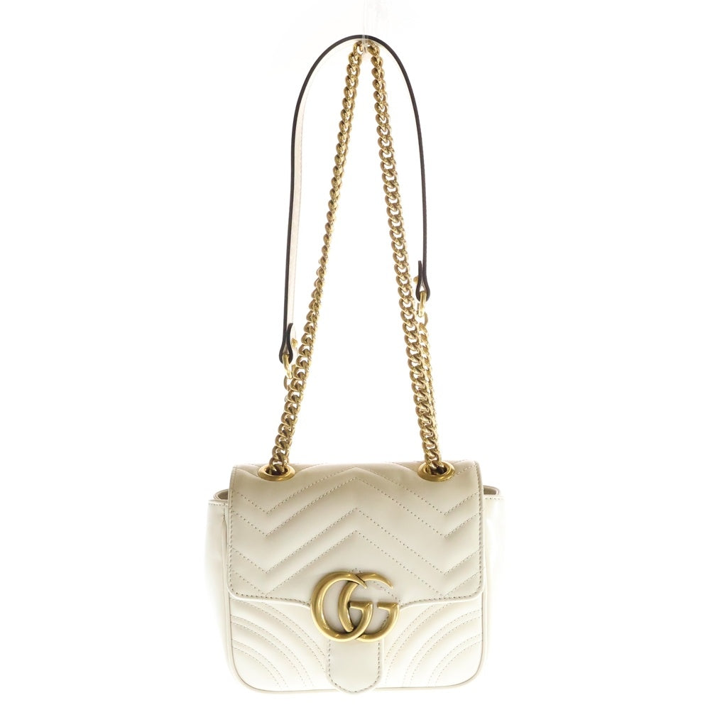 GUCCI(グッチ) GGマーモント レザー キルティング チェーン ショルダーバッグ ゴールド金具 ホワイト 739682