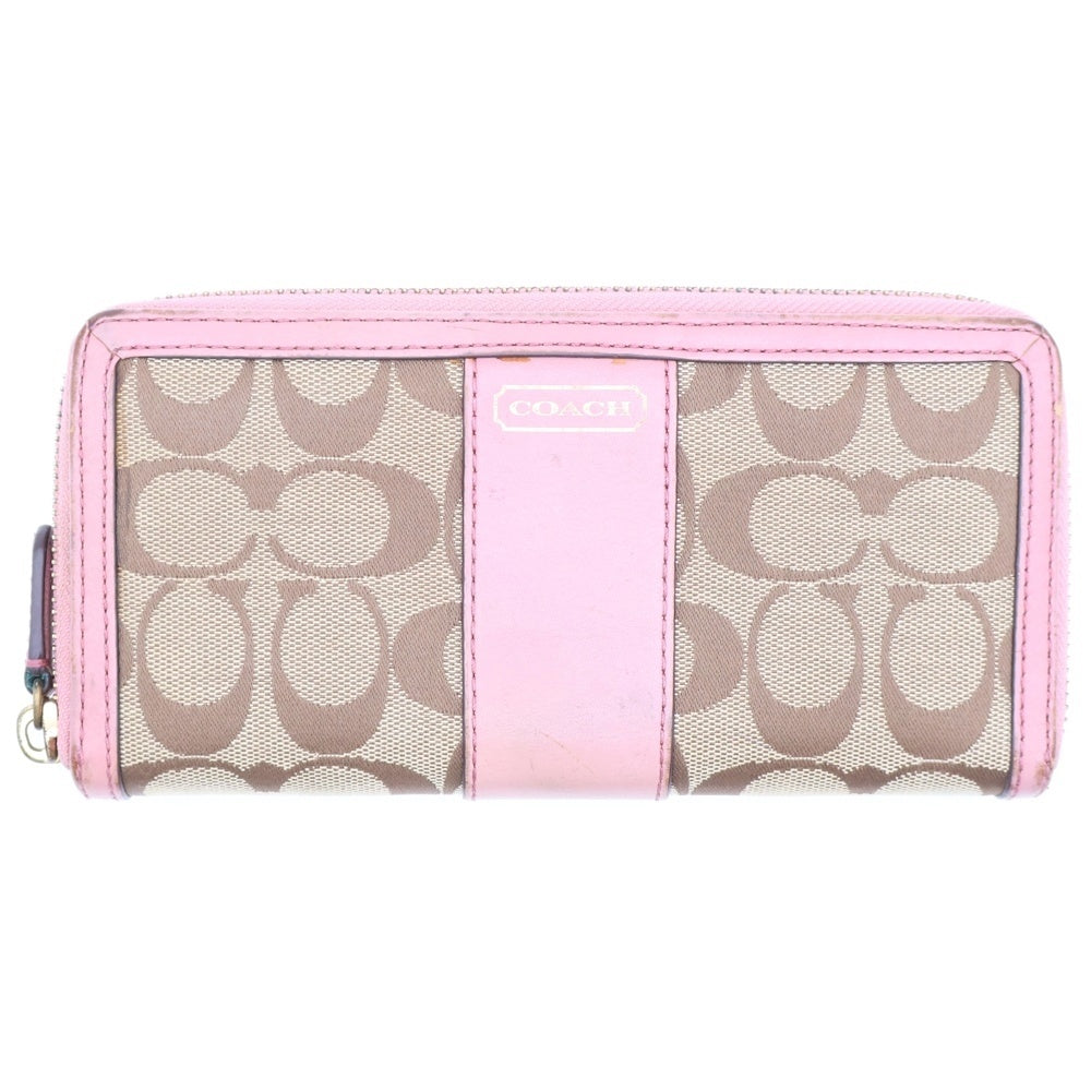 COACH(コーチ) シグネチャー キャンバス レザー ラウンドファスナー ロングウォレット 長財布 ゴールド金具 ベージュ/ピンク