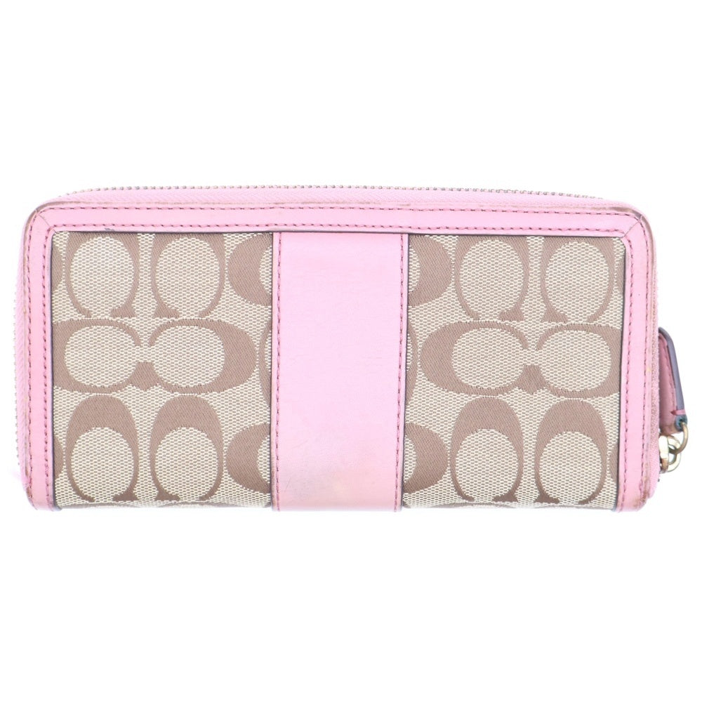 COACH(コーチ) シグネチャー キャンバス レザー ラウンドファスナー ロングウォレット 長財布 ゴールド金具 ベージュ/ピンク