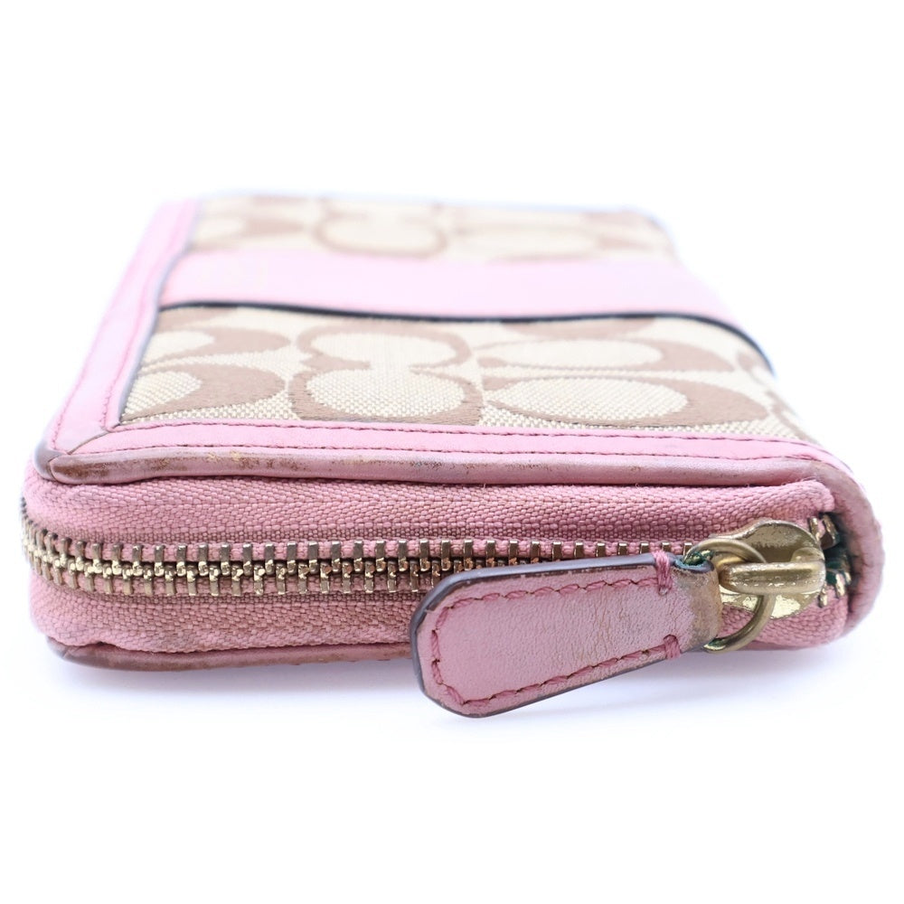 COACH(コーチ) シグネチャー キャンバス レザー ラウンドファスナー ロングウォレット 長財布 ゴールド金具 ベージュ/ピンク