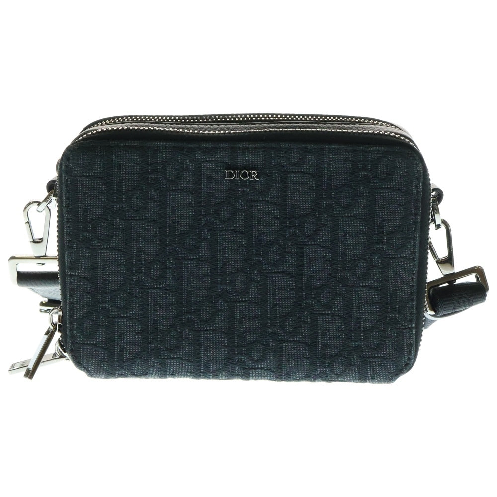 Christian Dior(クリスチャンディオール) オブリーク ロゴプレート キャンバス レザー ストラップ ジップ ポーチ ショルダーバッグ シルバー金具 ブラック