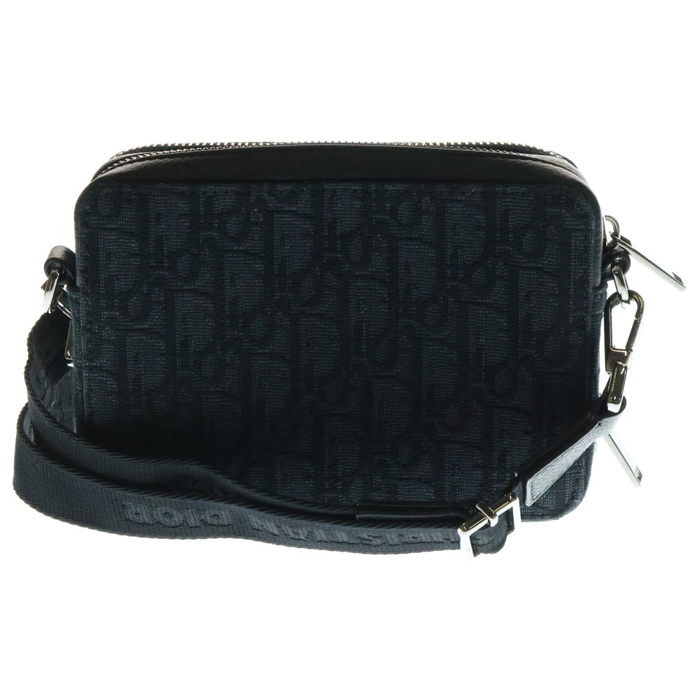 Christian Dior(クリスチャンディオール) オブリーク ロゴプレート キャンバス レザー ストラップ ジップ ポーチ ショルダーバッグ シルバー金具 ブラック