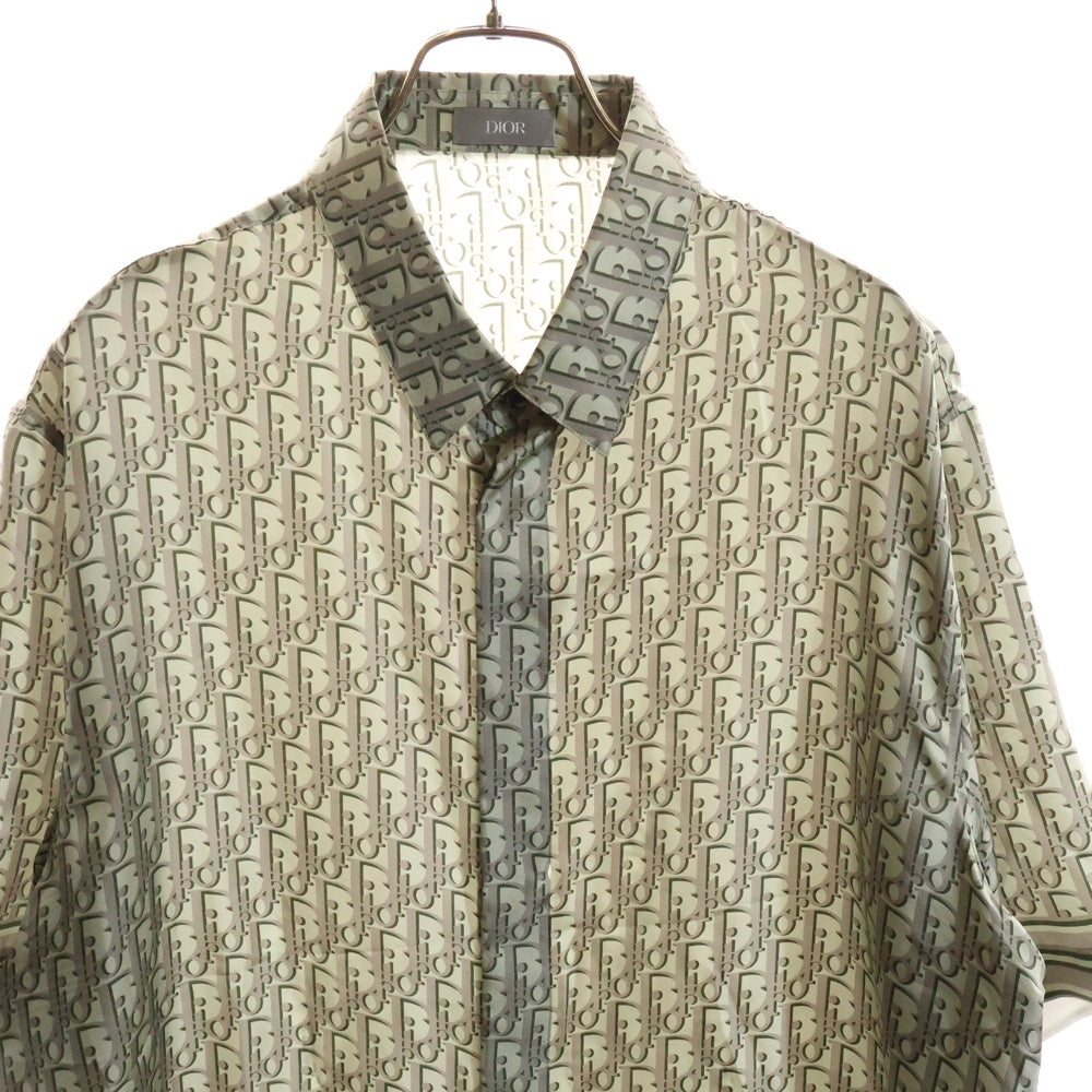 Christian Dior(クリスチャンディオール) 23SS オブリーク 総柄プリント レギュラーカラー シルク 半袖シャツ カーキ/グレー 193C545A4751