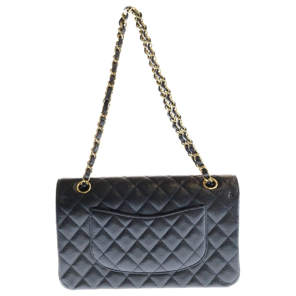 CHANEL(シャネル) マトラッセ25 ダブルフラップ ダブルチェーン ショルダーバッグ ブラック キャビアスキン ゴールド金具 ランダムプレート