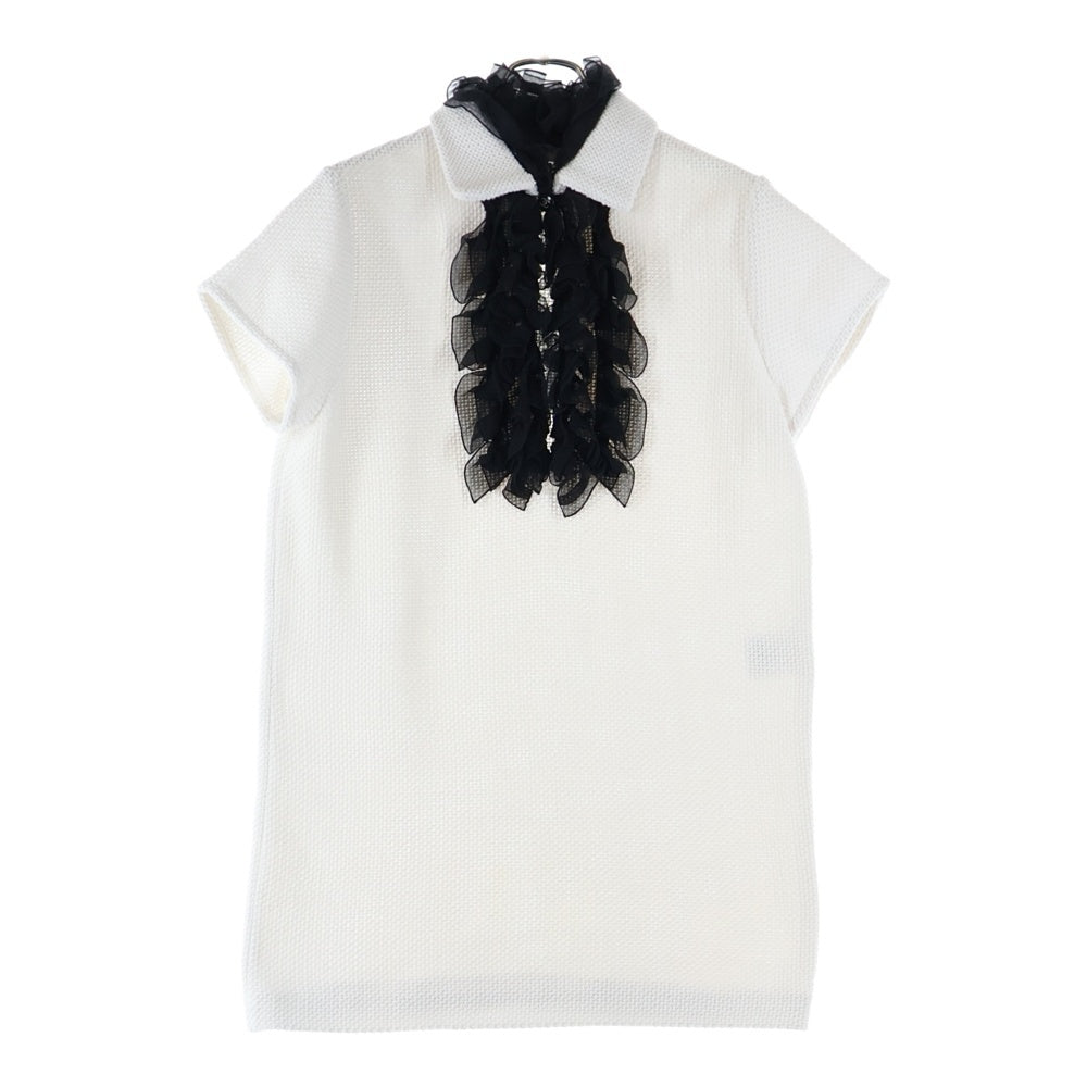 CHANEL(シャネル) ココマークボタン コットンニット フリル 半袖 ミディアムワンピース ホワイト/ブラック レディース P71969V63611