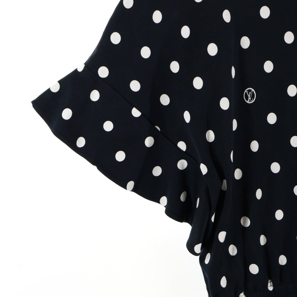 LOUIS VUITTON(ルイヴィトン) 22SS ポルカドット総柄 チェーン ドローストリング クルーネック 半袖 ジャージー ミディアム ワンピース カットソー ブラック レディース RW221B OB5 FMJD96