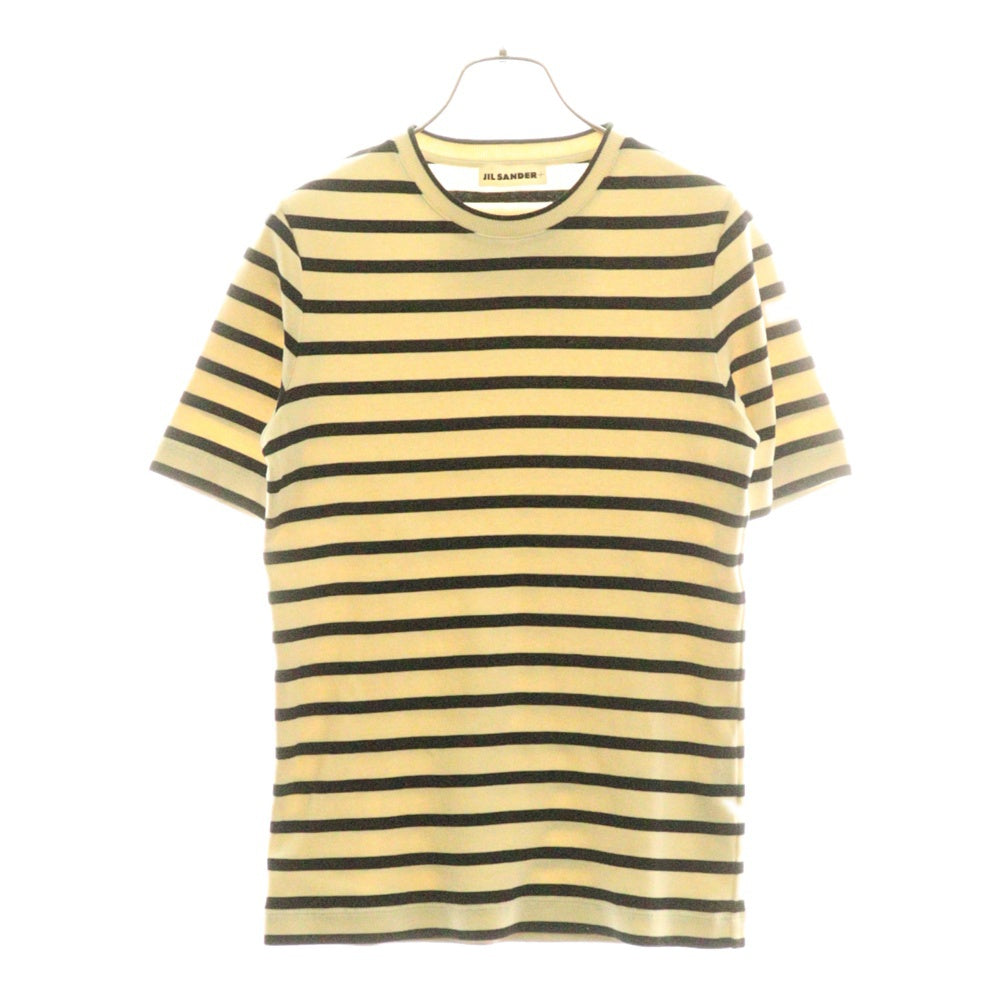 JIL SANDER NAVY(ジルサンダーネイビー) バックロゴパッチ ボーダー総柄 コットンニット クルーネック 半袖Tシャツ カットソー アイボリー/ブラック レディース J40GC0111 J46497
