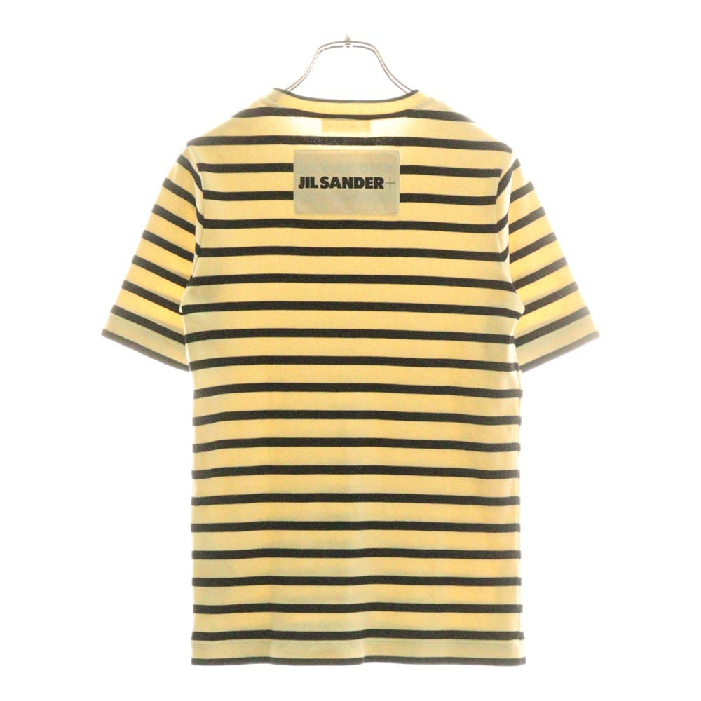 JIL SANDER NAVY(ジルサンダーネイビー) バックロゴパッチ ボーダー総柄 コットンニット クルーネック 半袖Tシャツ カットソー アイボリー/ブラック レディース J40GC0111 J46497
