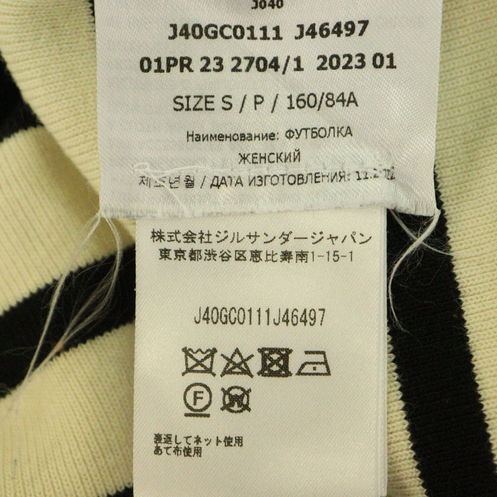 JIL SANDER NAVY(ジルサンダーネイビー) バックロゴパッチ ボーダー総柄 コットンニット クルーネック 半袖Tシャツ カットソー アイボリー/ブラック レディース J40GC0111 J46497