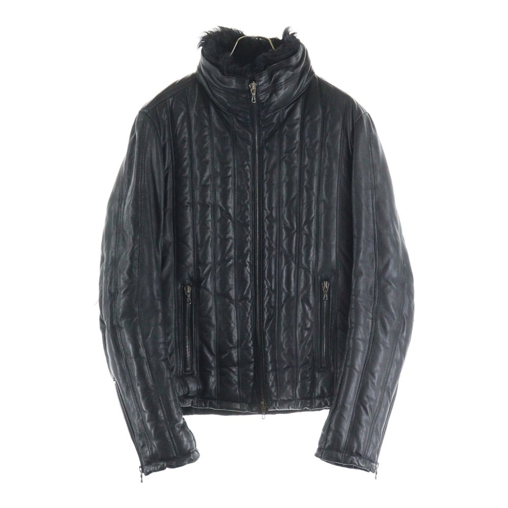 SHELLAC(シェラック) ラムレザー キルティング デタッチャブルファー スタンドカラー ジップアップ ダウンジャケット ブラック 40001A