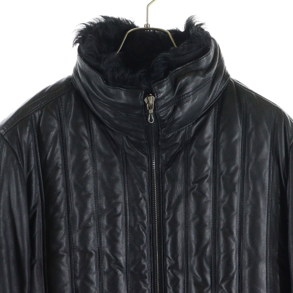 SHELLAC(シェラック) ラムレザー キルティング デタッチャブルファー スタンドカラー ジップアップ ダウンジャケット ブラック 40001A