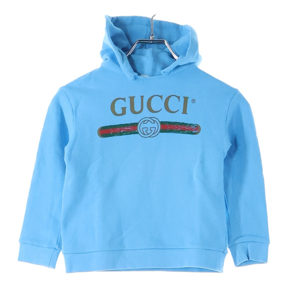 GUCCI(グッチ) ヴィンテージロゴプリント カットオフ プルオーバースウェットパーカー フーディー ライトブルー キッズ 532555