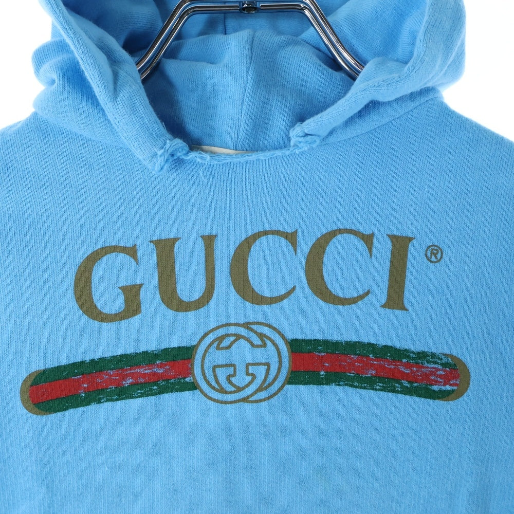 GUCCI(グッチ) ヴィンテージロゴプリント カットオフ プルオーバースウェットパーカー フーディー ライトブルー キッズ 532555
