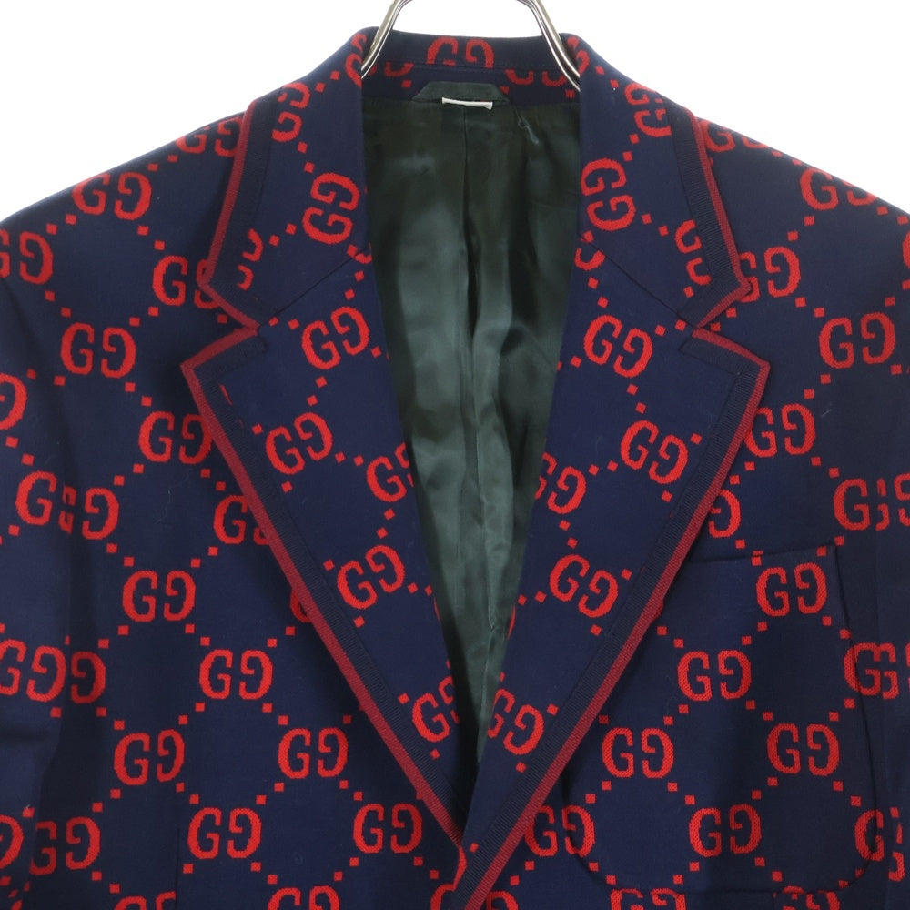 GUCCI(グッチ) 18SS GG総柄ジャガード 2B テーラードジャケット ネイビー/レッド 495218