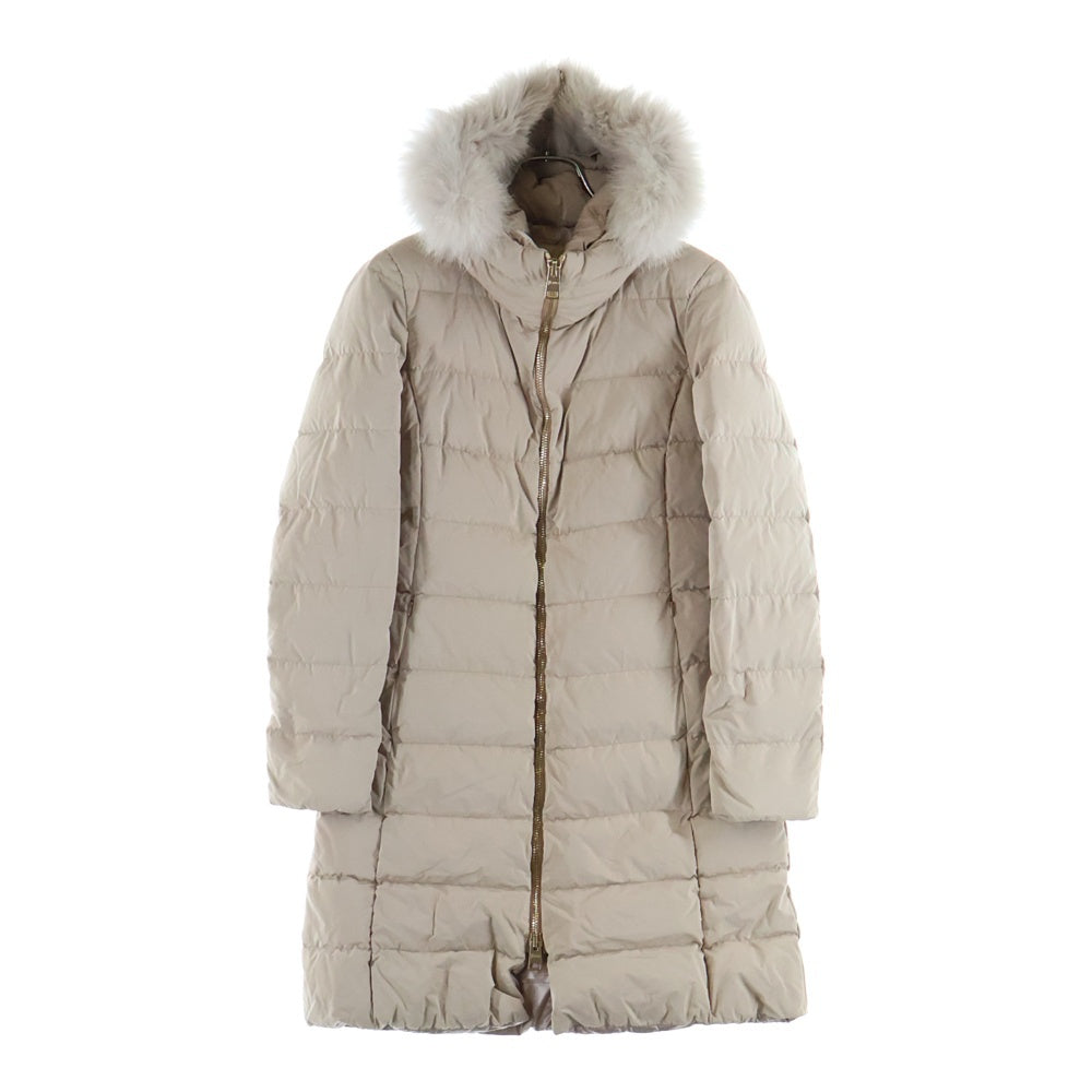 HERNO(ヘルノ) ファー フーデッド ジップアップ ダウン ロング ジャケット コート ベージュ レディース PI0530D