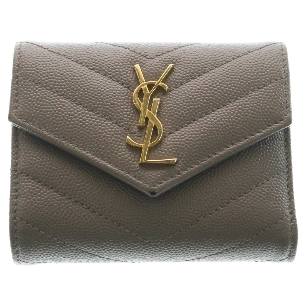 SAINT LAURENT PARIS(サンローランパリ) Vステッチ コンパクトウォレット 三つ折り財布 コインケース グレー レザー GNC692061 ゴールド金具 レディース