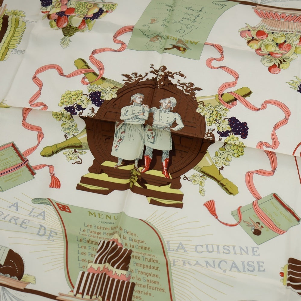 HERMES(エルメス) カレ90 シルク スカーフ フランス料理を讃えて A LA GLOIRE DE LA CUISINE FRANCAISE アイボリー レディース