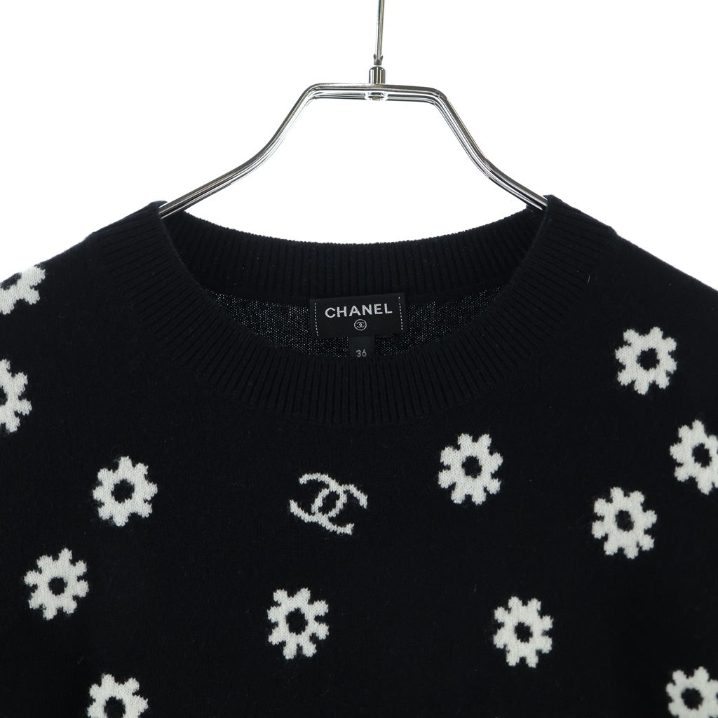 CHANEL(シャネル) ココマーク デイジー ジャガード 総柄 カシミヤ プルオーバー 長袖ニット セーター ブラック レディース P72453K10396