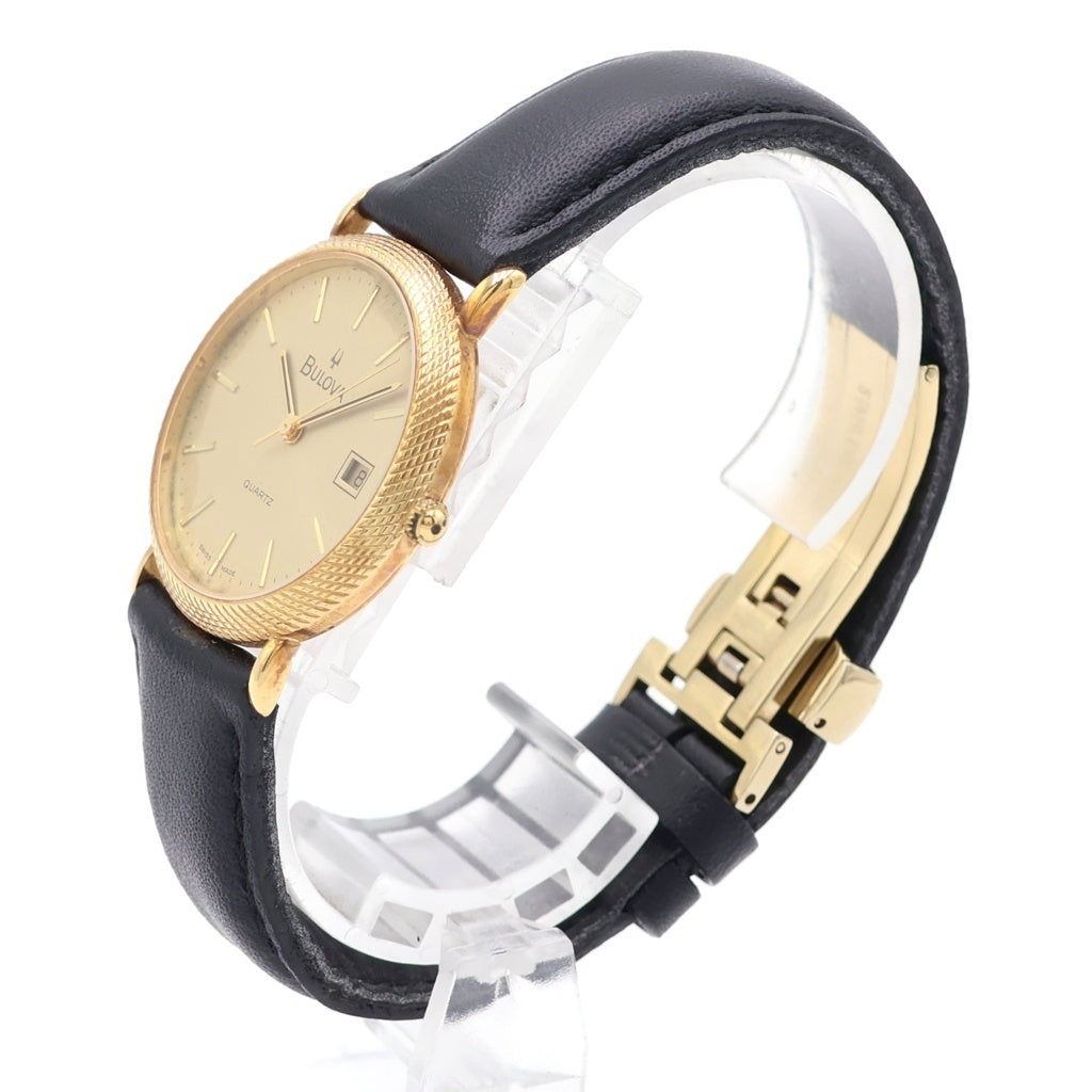 BULOVA(ブローバ) シャンパン文字盤 レザーベルト クォーツウォッチ 腕時計 K18YG イエローゴールド/ブラック レディース
