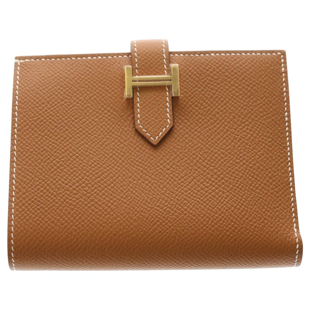 HERMES(エルメス) ベアンコンパクト 財布 ゴールド ブラウン エプソン レザー W刻印 ゴールド金具 レディース