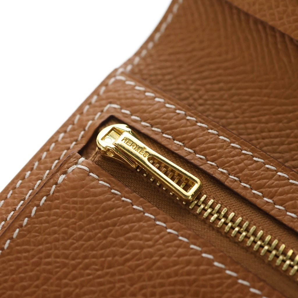 HERMES(エルメス) ベアンコンパクト 財布 ゴールド ブラウン エプソン レザー W刻印 ゴールド金具 レディース