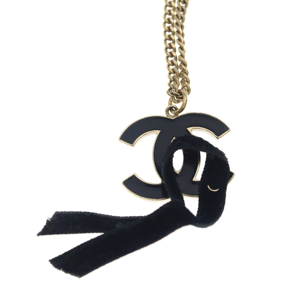 CHANEL(シャネル) ココマーク リボンネックレス ペンダント チェーン ゴールド×ブラック メタル レディース