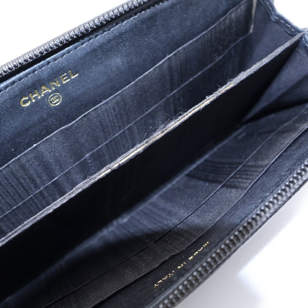 CHANEL(シャネル) ラウンドウォレット ロングウォレット 長財布 カードケース ブラック キャビアスキン ゴールド金具 レディース