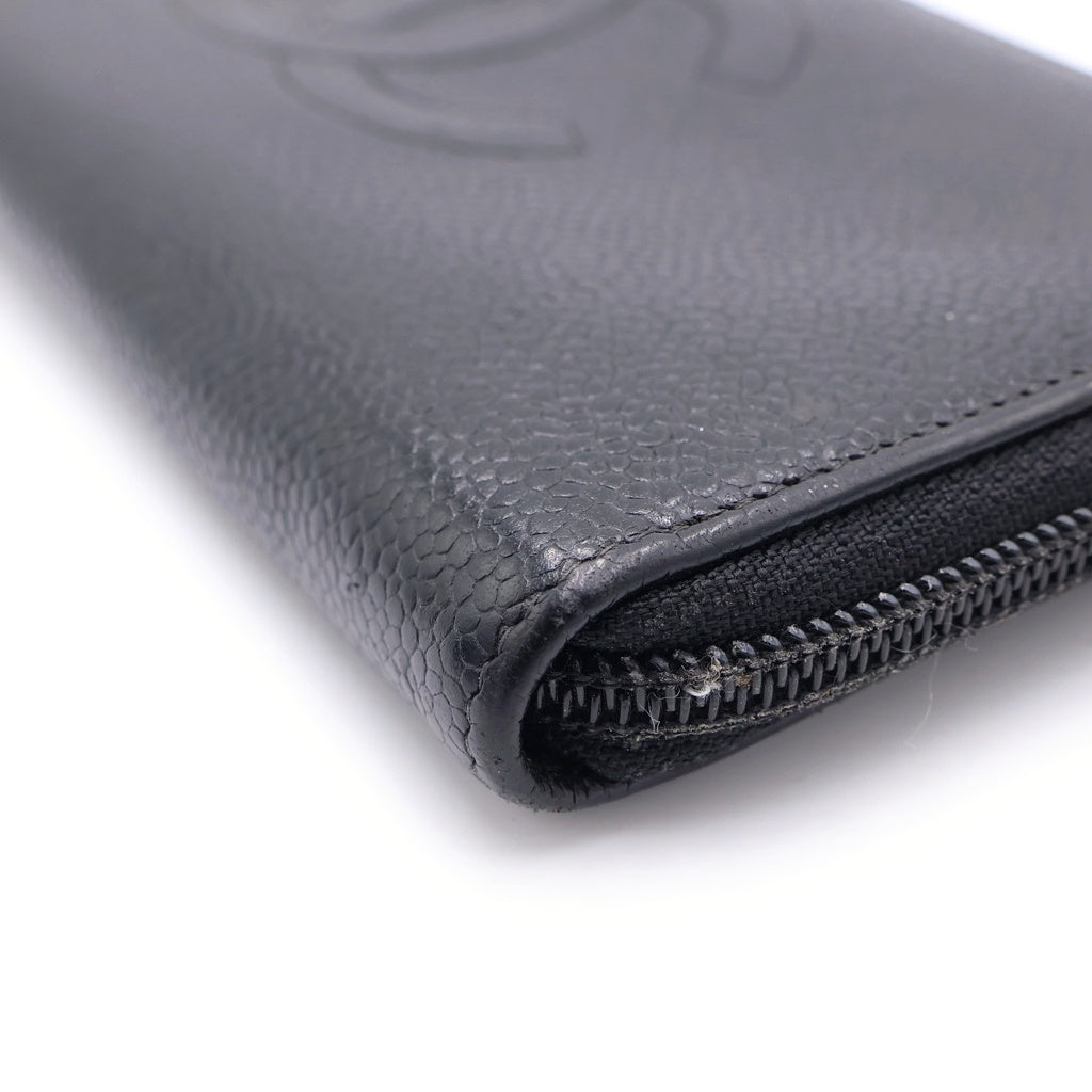 CHANEL(シャネル) ラウンドウォレット ロングウォレット 長財布 カードケース ブラック キャビアスキン ゴールド金具 レディース