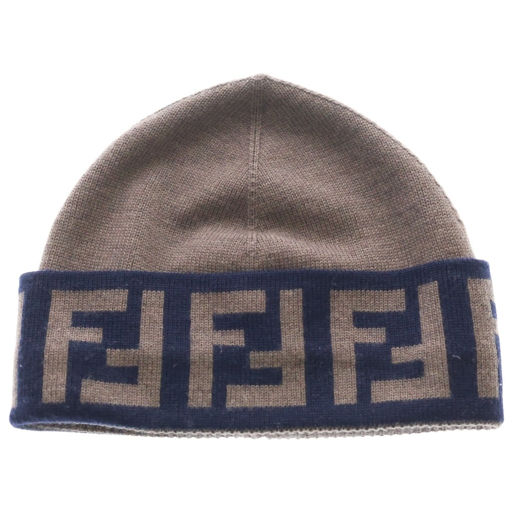 FENDI(フェンディ) ズッカ柄 FFロゴ ジャガード ウール ニットキャップ ビーニー 帽子 ブラウン/ネイビー FXQ955
