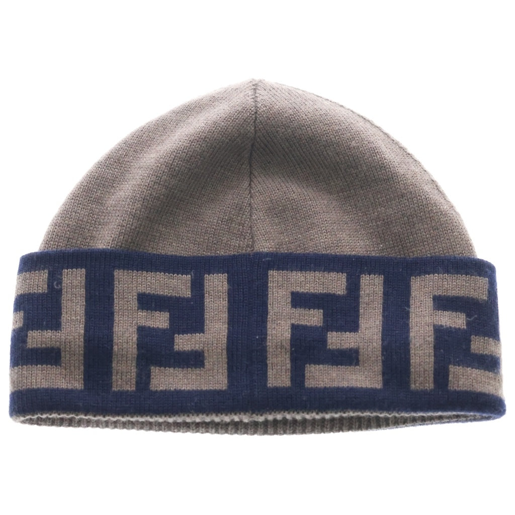 FENDI(フェンディ) ズッカ柄 FFロゴ ジャガード ウール ニットキャップ ビーニー 帽子 ブラウン/ネイビー FXQ955