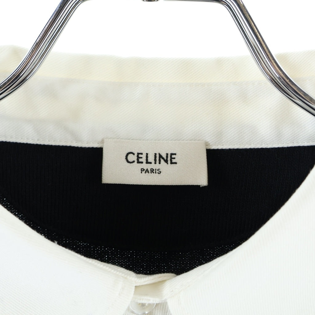 CELINE(セリーヌ) エンブレムワッペンロゴ ツイルトリムコットン ラガートレーナー 長袖ポロシャツ ブラック/ホワイト RX07P0S29.38AW