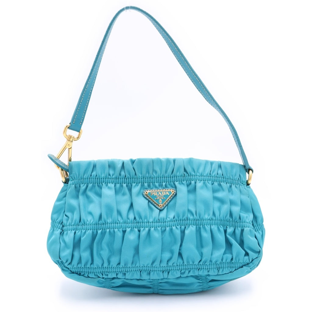 PRADA(プラダ) ギャザーポシェット ハンドバッグ ミニバッグ ターコイズブルー テスート ナイロン BP0171 ゴールド金具 レディース