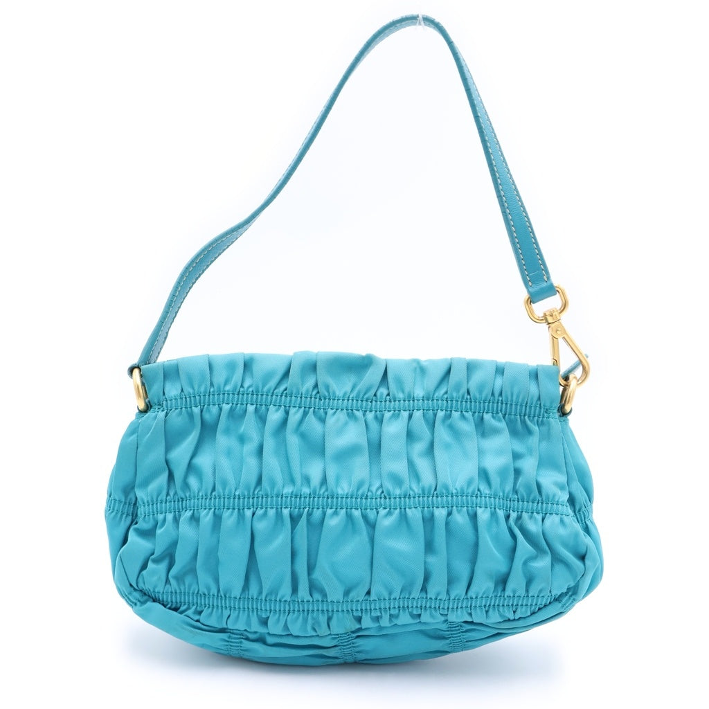 PRADA(プラダ) ギャザーポシェット ハンドバッグ ミニバッグ ターコイズブルー テスート ナイロン BP0171 ゴールド金具 レディース