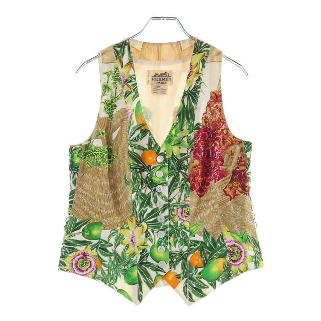 HERMES(エルメス) 80s archive Silk Vest シルクベスト フランス製 初期タグ 多ボタン 総柄 マルチカラー レディース