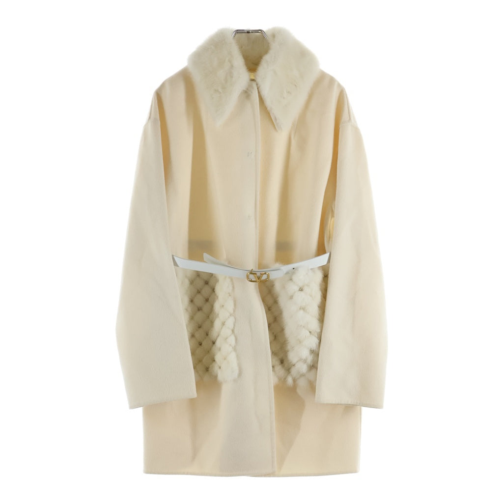 VALENTINO(ヴァレンティノ) ミンクファー ロックスタッズ スナップボタン ウール ステンカラーコート ホワイト レディース UF3FA751DMF