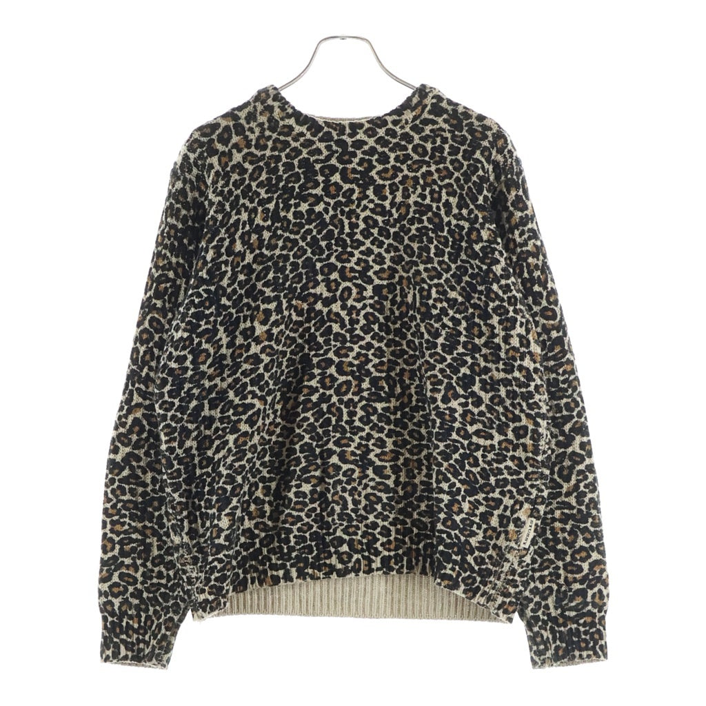 STUSSY(ステューシー) レオパード総柄プリント クルーネック プルオーバー リネン コットン 長袖ニット セーター ベージュ レディース