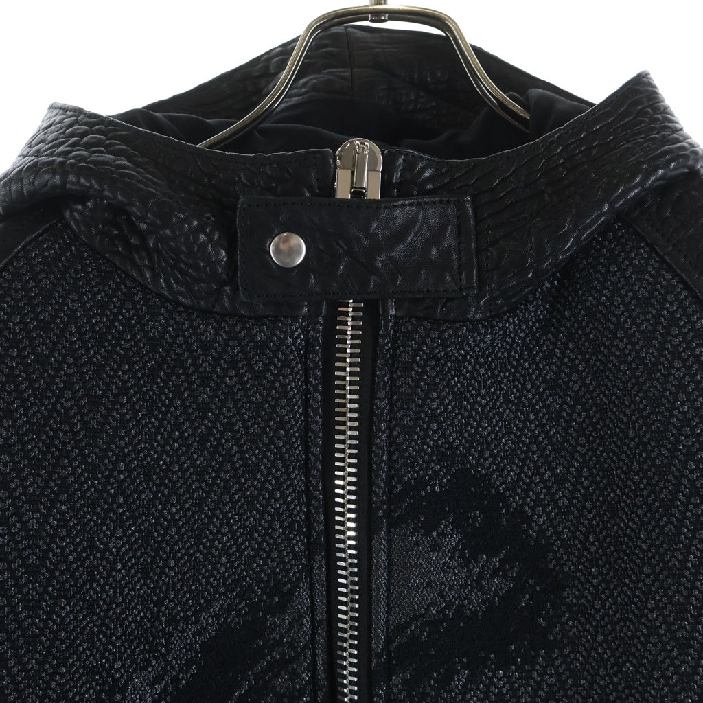 EMPORIO ARMANI(エンポリオアルマーニ) ラムレザー 切り替え フーデッドジャケット コットン ポリエステル Wジップ ブラック S1R05P S1P66