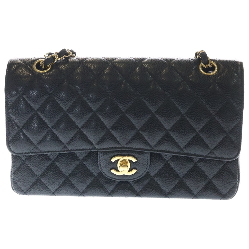 CHANEL(シャネル) マトラッセ25 キャビアスキン レザー Wフラップ Wチェーン ショルダーバッグ ゴールド金具 ブラック 19番台 レディース