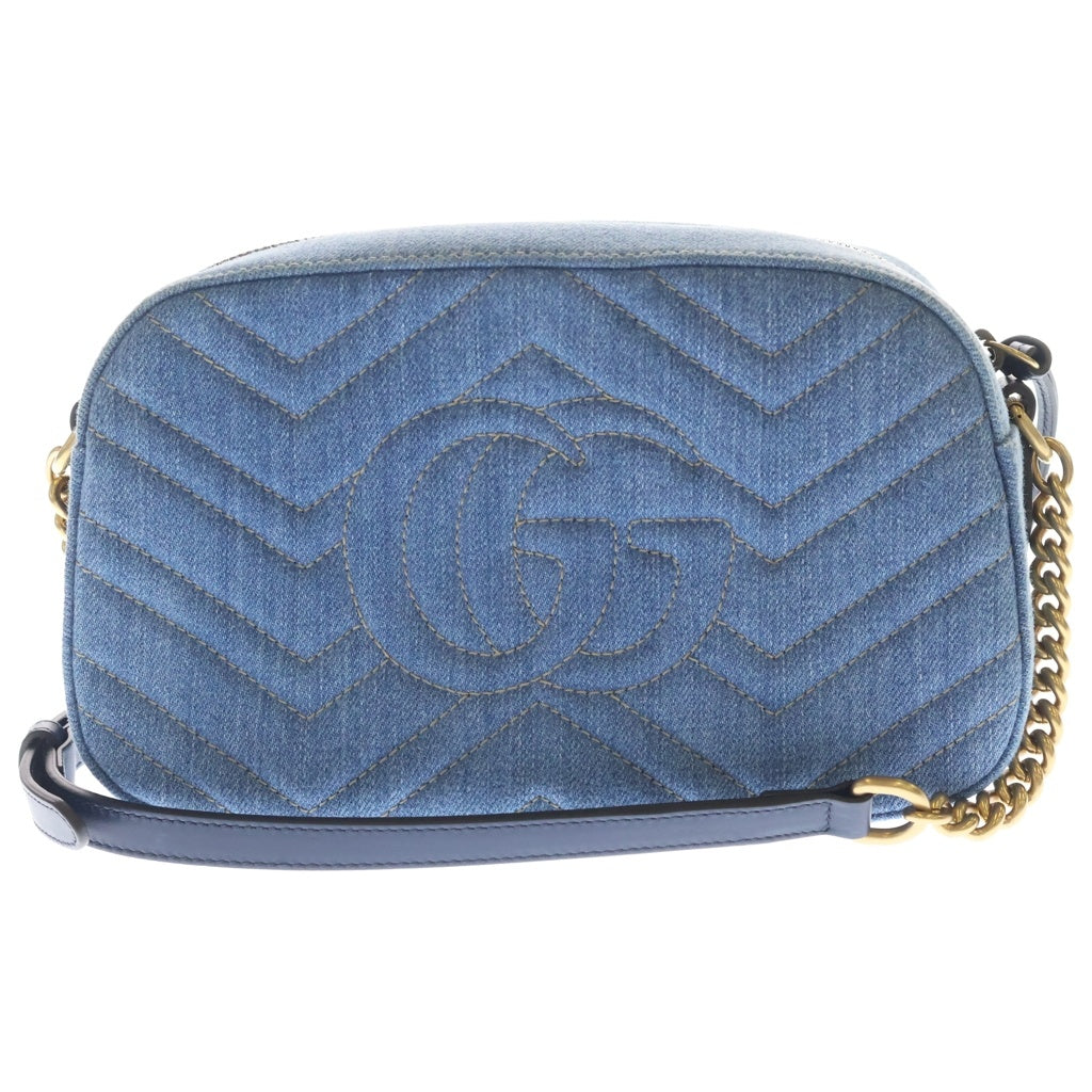 GUCCI(グッチ) マーモント キルティング フラワー刺繍スモールショルダーバッグ インディゴブルー デニム 44763 ゴールド金具 レディース