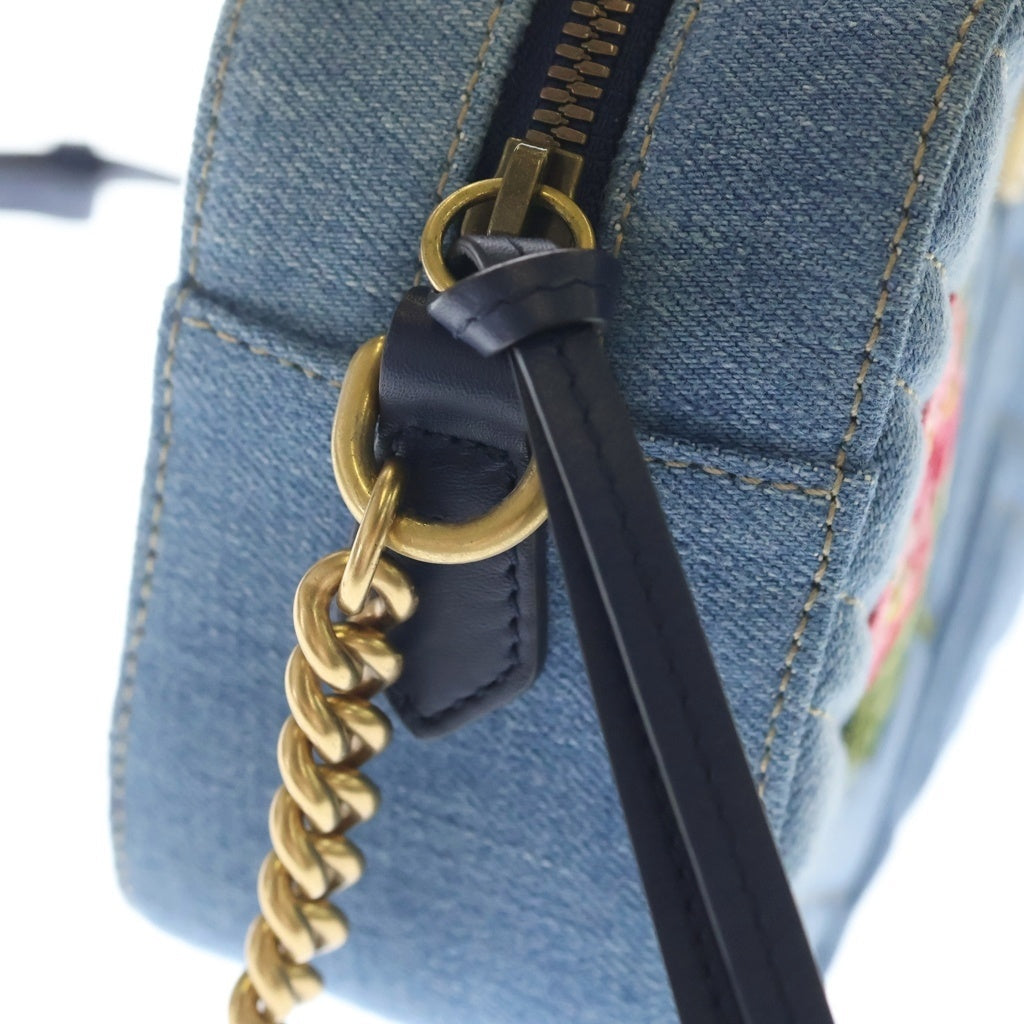 GUCCI(グッチ) マーモント キルティング フラワー刺繍スモールショルダーバッグ インディゴブルー デニム 44763 ゴールド金具 レディース