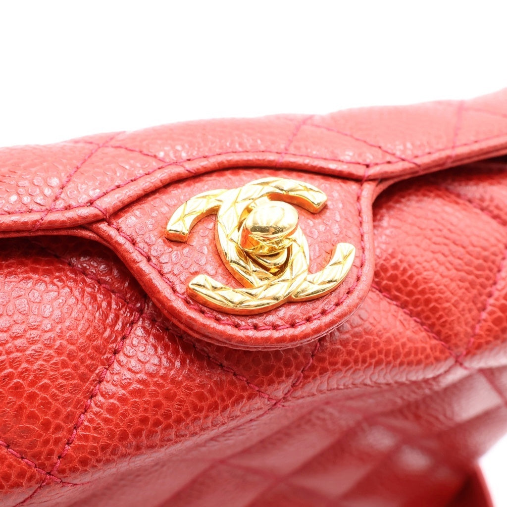 CHANEL(シャネル) マトラッセ キャビアスキン ゴールド金具 ショルダーバッグ レッド レディース