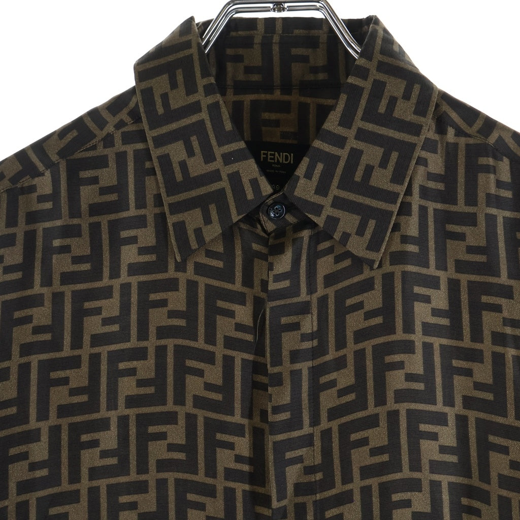 FENDI(フェンディ) ズッカ柄 シルク長袖シャツ 総柄 レギュラーカラー 比翼 ロゴ ブラウン/ブラック FS0585 AKEE レディース
