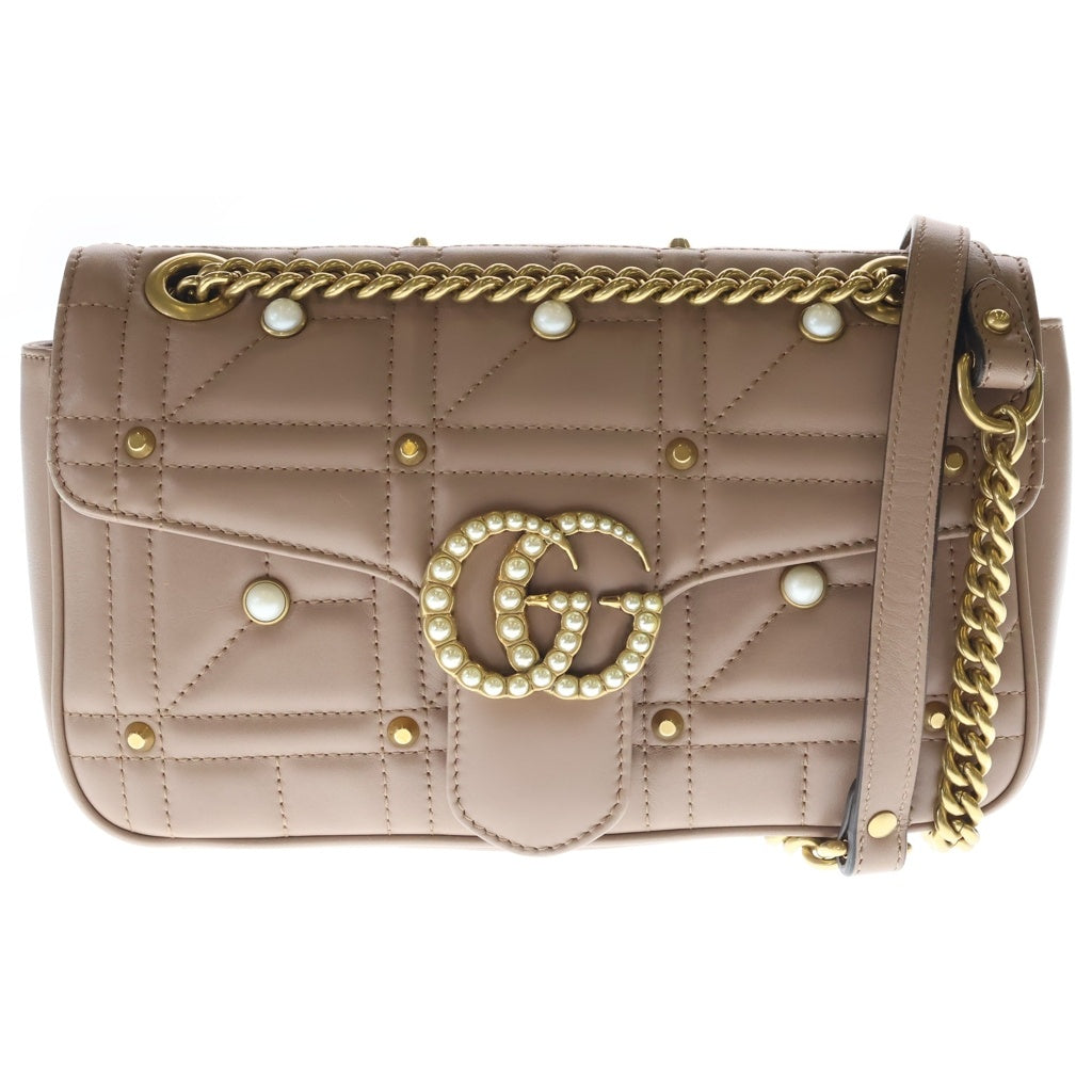 GUCCI(グッチ) GGマーモント スモール チェーンショルダーバッグ パール スタッズ カーフスキン レザー ベージュ 443497 レディース
