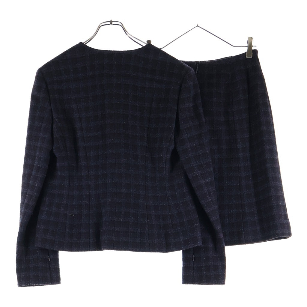 CHANEL(シャネル) 02AW VINTAGE Check Wool Tweed Set ブロックチェック セットアップ ノーカラージャケット スカート ウール ネイビー/ブラウン P19963V11786 レディース