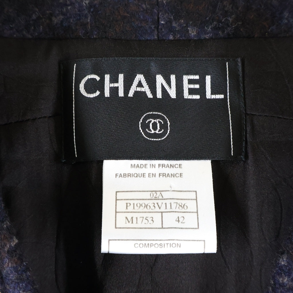 CHANEL(シャネル) 02AW VINTAGE Check Wool Tweed Set ブロックチェック セットアップ ノーカラージャケット スカート ウール ネイビー/ブラウン P19963V11786 レディース