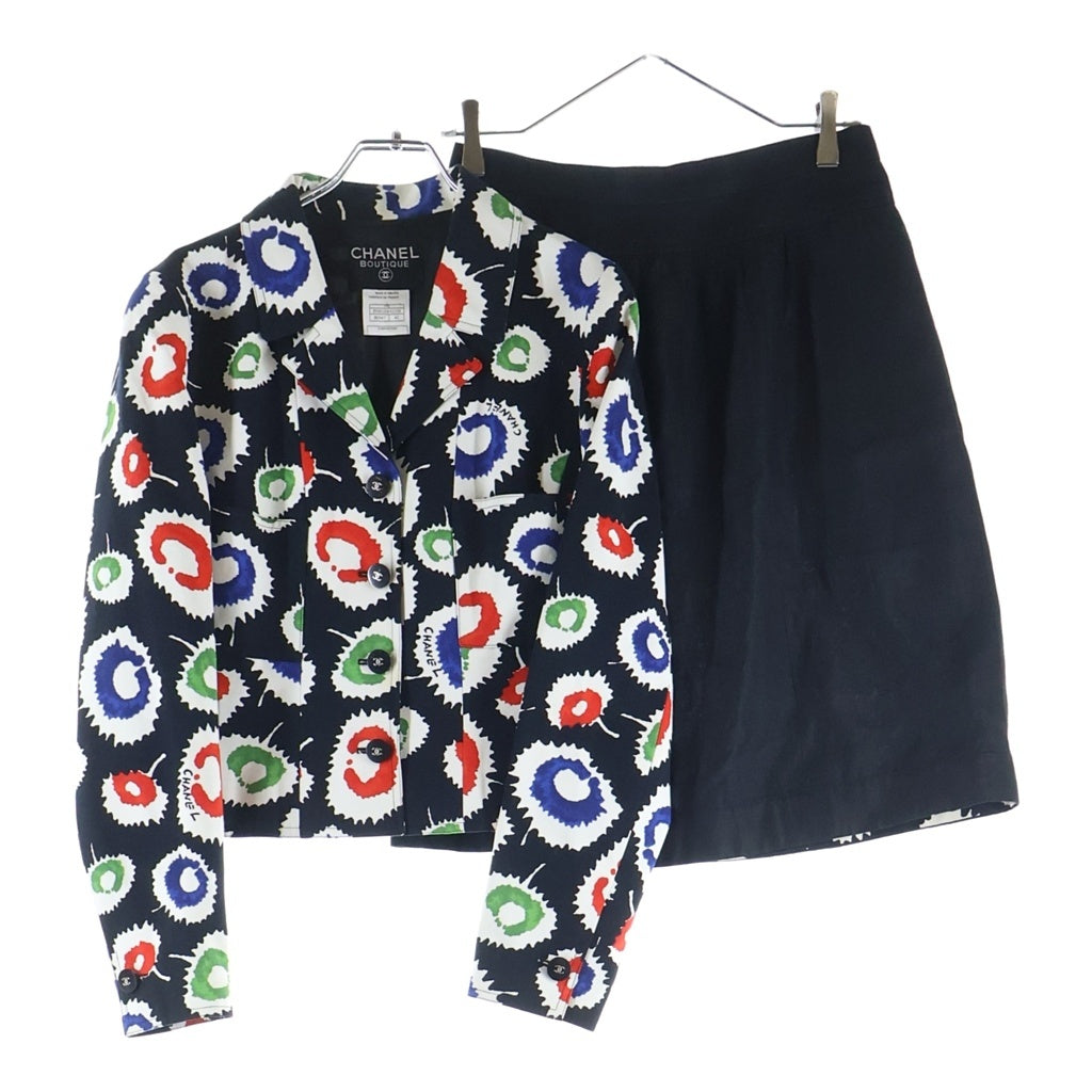 CHANEL(シャネル) 97SS VINTAGE BLAZER SKIRT SET セットアップ ジャケット スカート 総柄 コットン リネン ブラック/マルチカラー P09018W02358 レディース