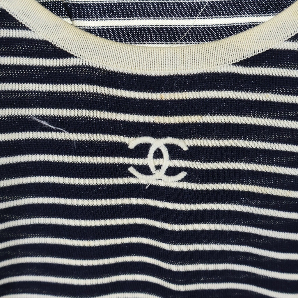 CHANEL(シャネル) ココマーク ロゴ刺繍 ボーダー総柄 半袖ニット カットソー ネイビー レディース