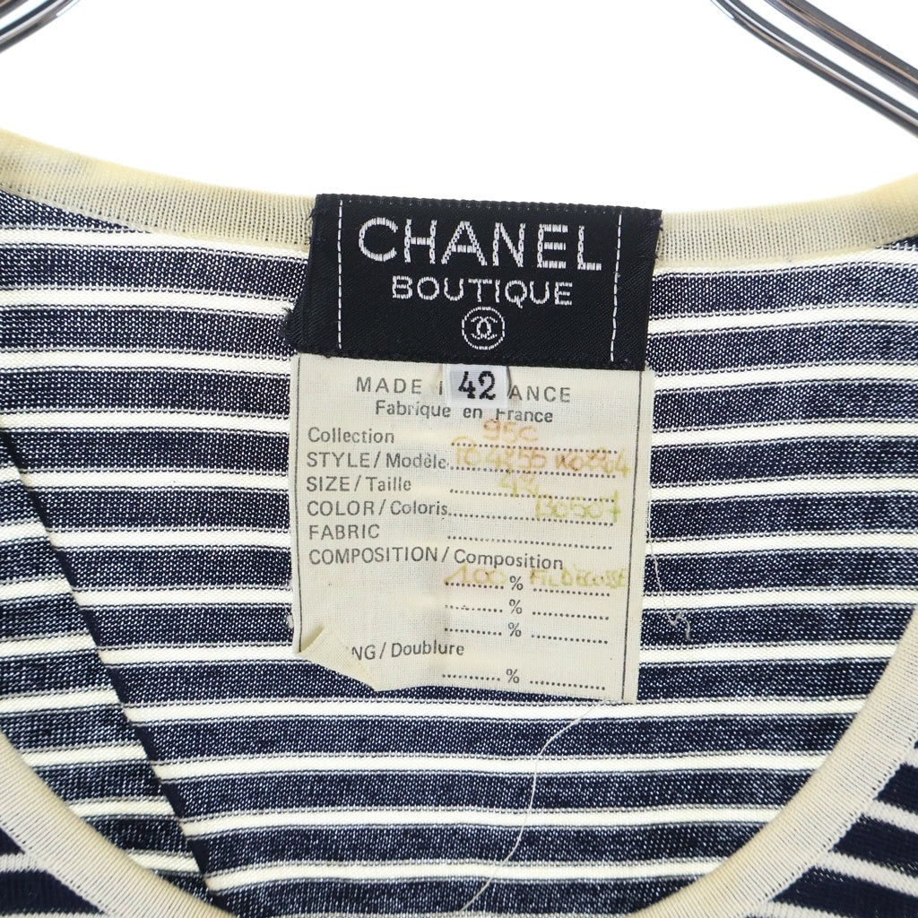 CHANEL(シャネル) ココマーク ロゴ刺繍 ボーダー総柄 半袖ニット カットソー ネイビー レディース