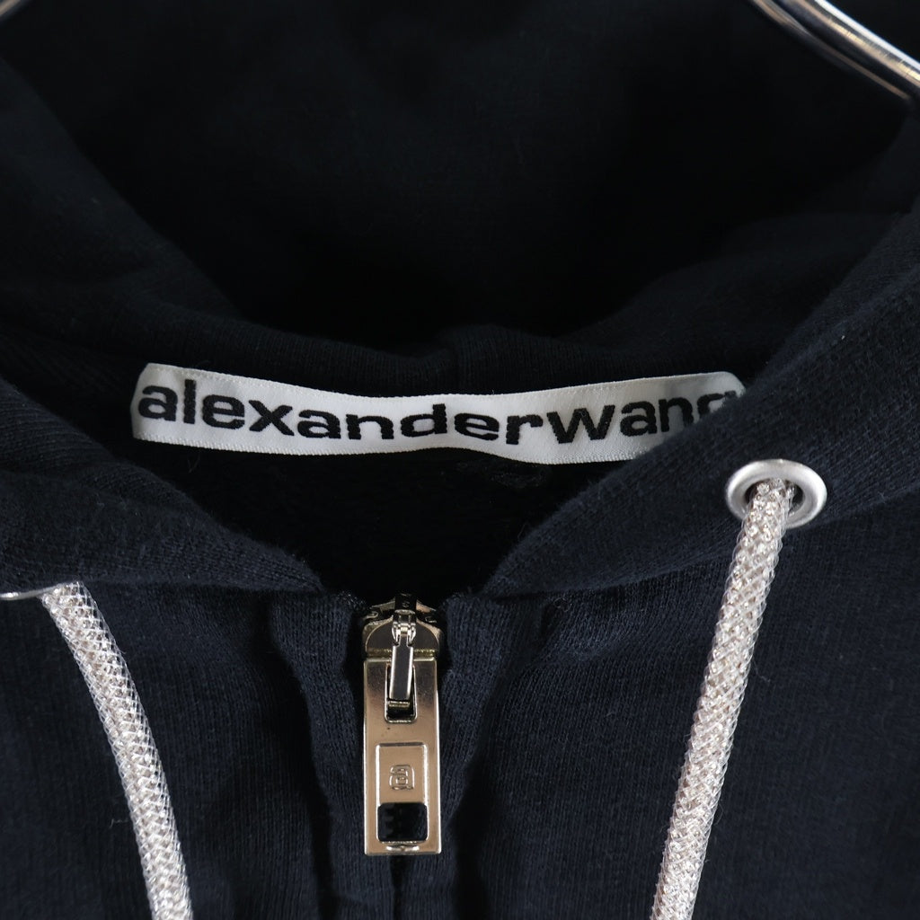 ALEXANDER WANG(アレキサンダーワン) Cotton Hoodie クロップド ジップアップフーディー パーカー コットン クリスタルドローコード ブラック 1CC2262779 レディース