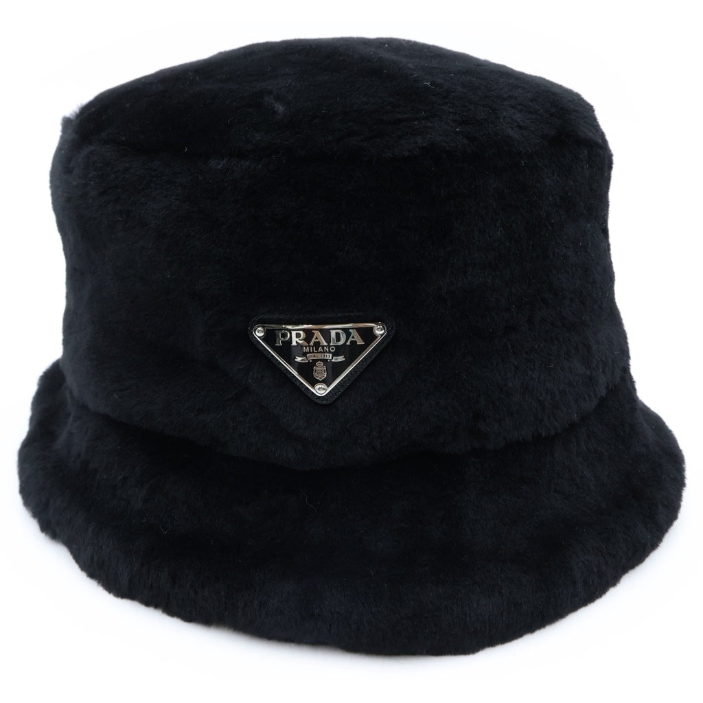 PRADA(プラダ) トライアングルロゴ シアリング バケットハット 帽子 シープスキン染ファー ブラック 2HC137 2EC9